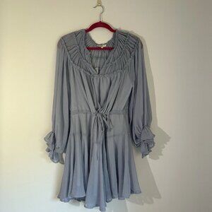 Entro Confidence Blue Dress V-neck Long Sleeve Tie Waist Flowy Large